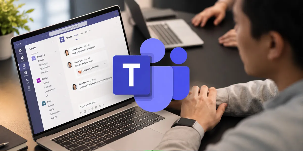 Logotipo de Microsoft Teams sobre varios ordenadores