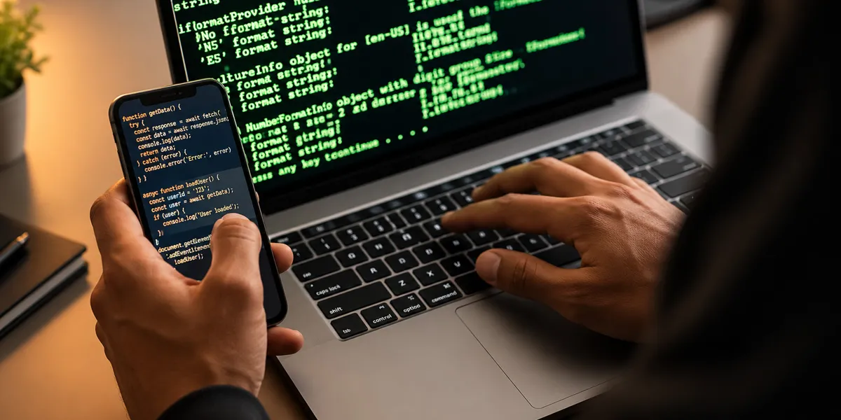 Persona utilizando un teléfono móvil junto a un ordenador con código