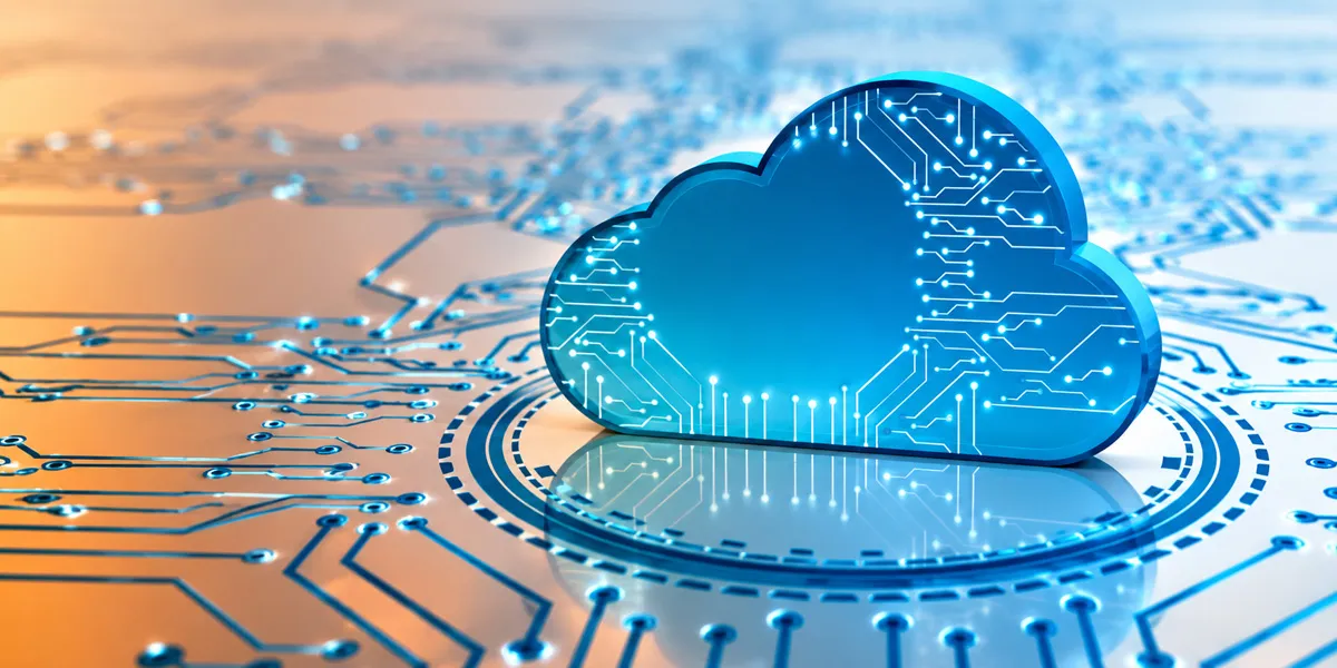 Ilustración de una nube digital sobre un circuito electrónico
