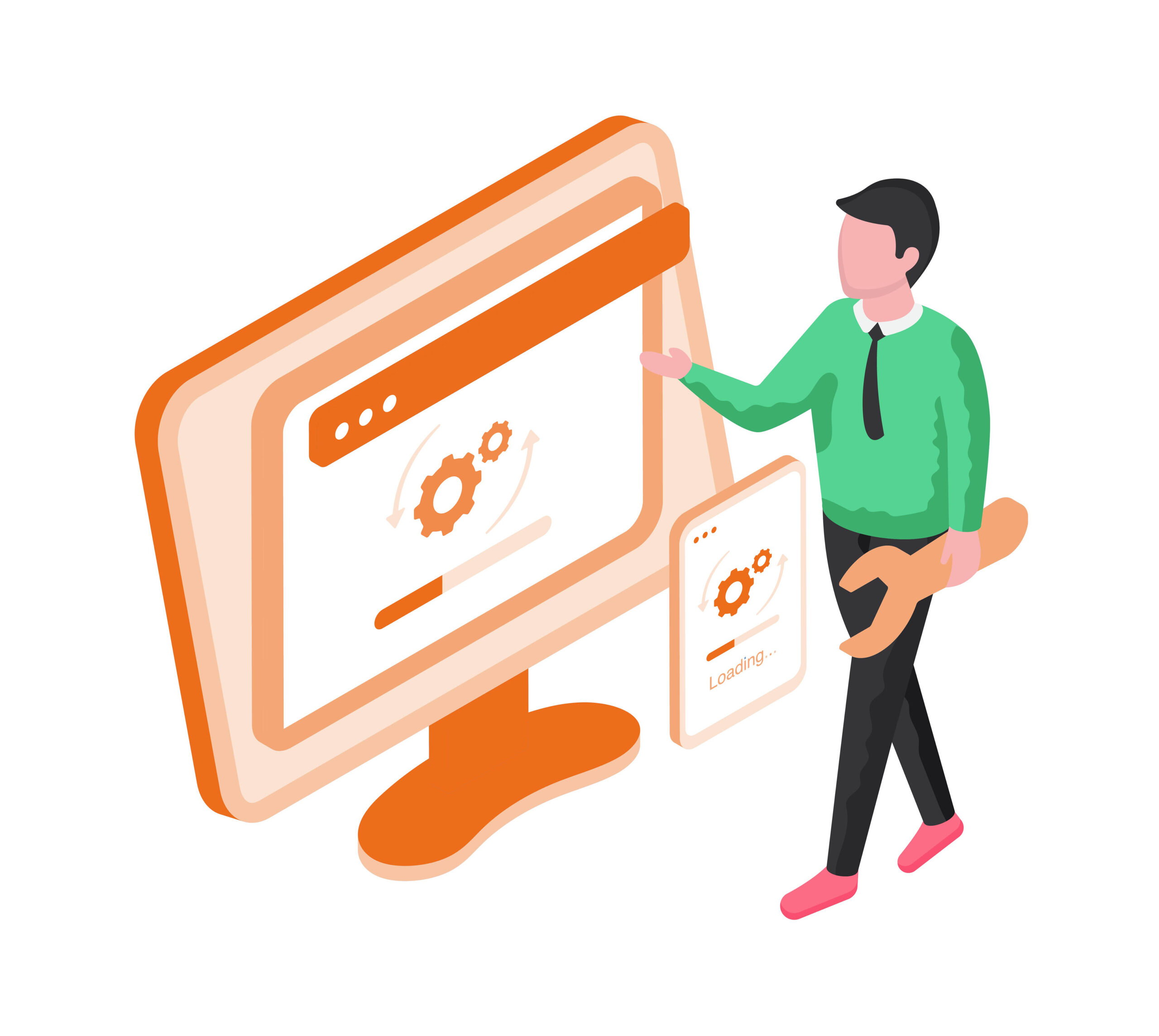 Técnico frente a una pantalla realizando tareas de mantenimiento y configuración de una página web