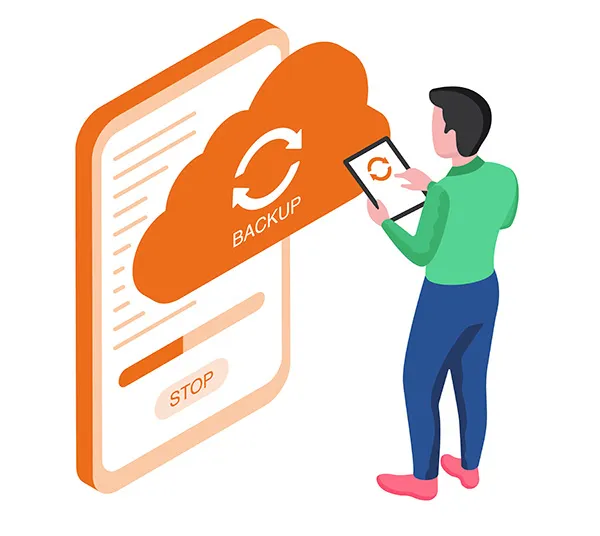 Ilustración de una persona gestionando una copia de seguridad web desde una tablet