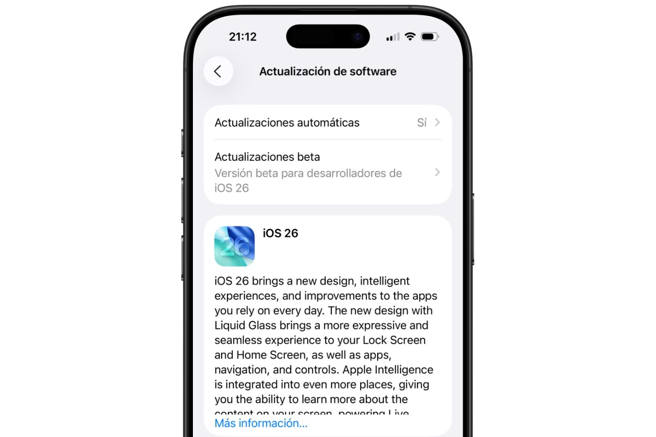 Pantalla de iPhone mostrando la actualización a iOS 26 con Apple Intelligence y Liquid Glass
