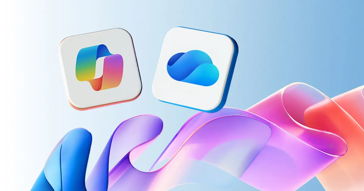 Integración de Microsoft Copilot con OneDrive mostrando sus logotipos oficiales en un fondo dinámico y moderno.