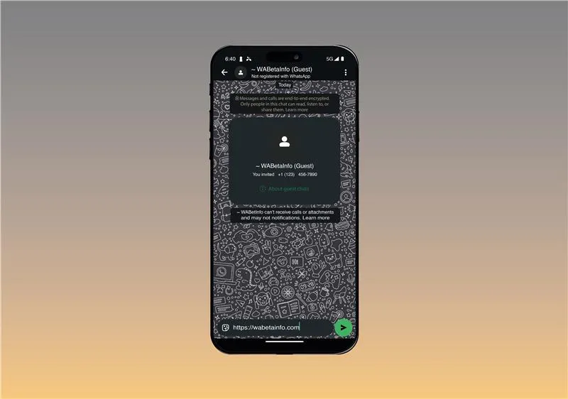 Interfaz de WhatsApp en modo invitado mostrando un chat sin cuenta en versión beta