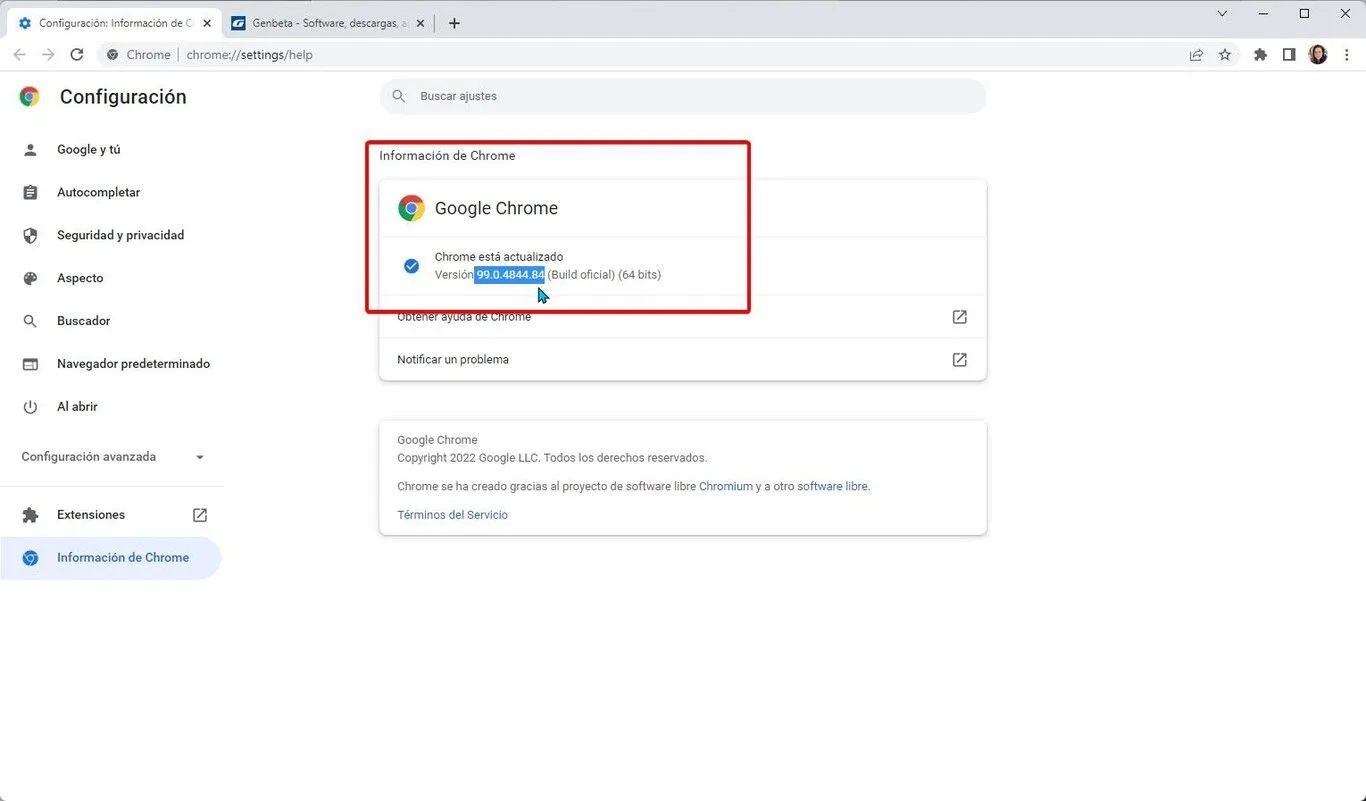 Información de Google Chrome mostrando la versión 99.0.4844.84