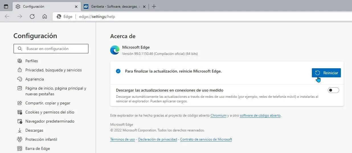 Microsoft Edge mostrando una actualización pendiente de reinicio