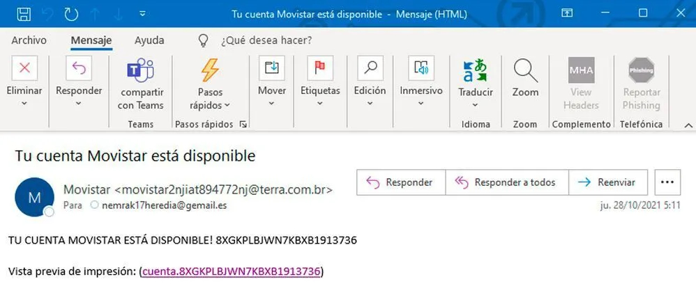 Correo de una campaña de malware que suplantaba a Movistar
