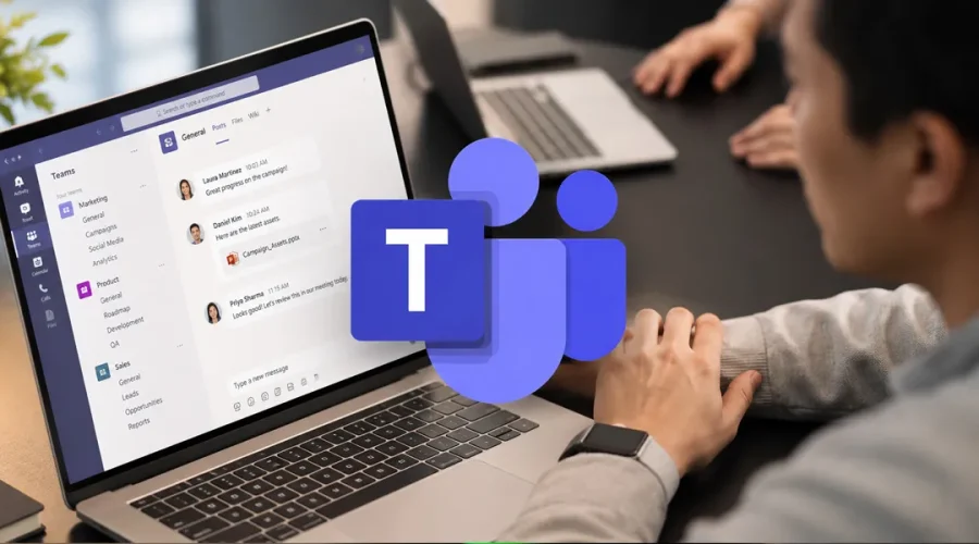 Logotipo de Microsoft Teams sobre varios ordenadores