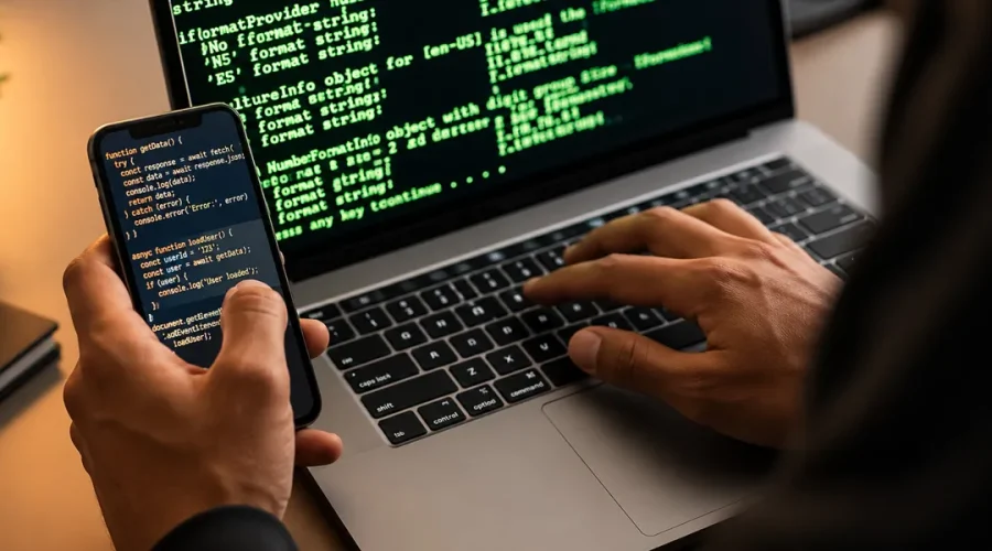 Persona utilizando un teléfono móvil junto a un ordenador con código